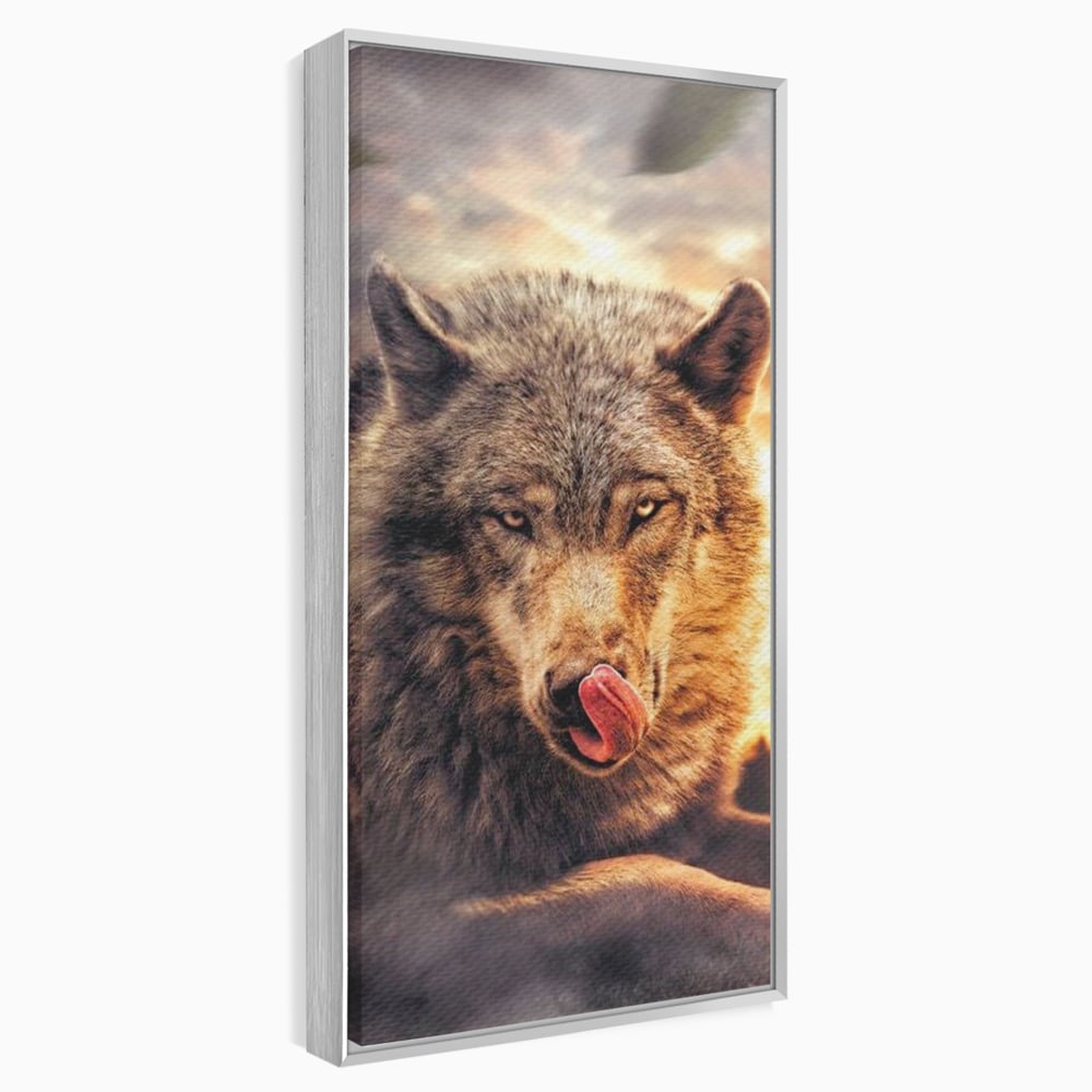 Tablou canvas cu tablou canvas cu lup salbatic la apus, in rama de aluminiu argintiu